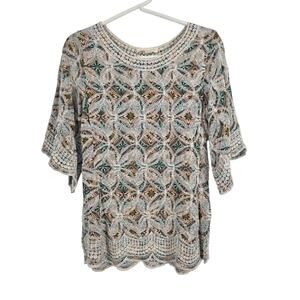 Solitaire Coquette Flare Sleeve Top M Womens Embroidered Cottage Core Pullover